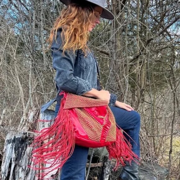 Cecilia De Bucourt Harrow Studded Denim Hobo Tote Distressed Leather Fringe‎ NEW - Picture 16 of 16